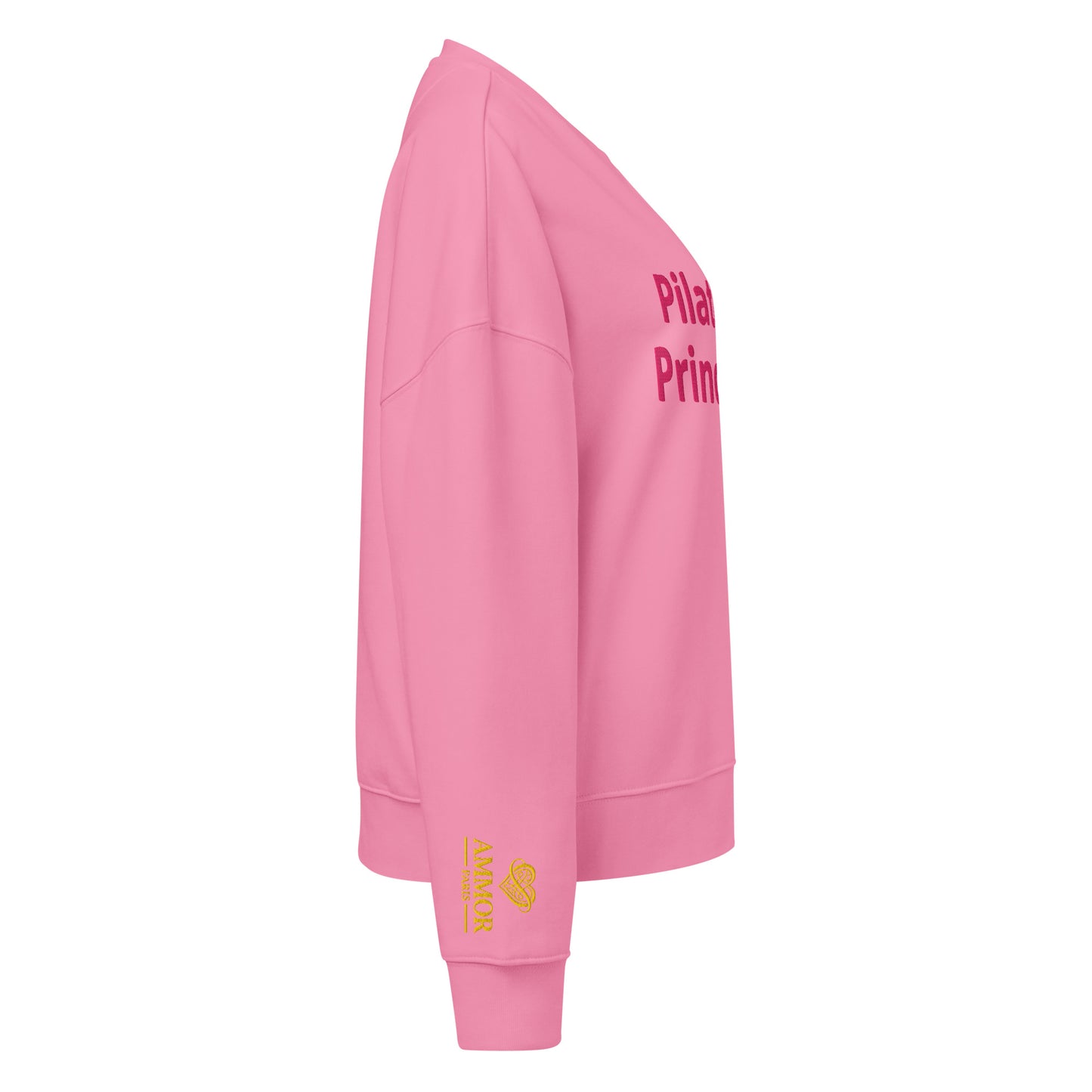 AMMOR PARIS women’s organic crew neck sweatshirt with the “Pilates Princess” text on the front, displayed on a clean background, featuring a relaxed regular fit, dropped shoulders and a super‑soft brushed fleece interior; crafted from organic cotton and recycled materials to highlight its cozy, sustainable, everyday‑wear design that reflects the wellness‑focused, eco‑friendly athleisure aesthetic of AMMOR PARIS, ideal for pilates lovers, loungewear outfits, casual streetwear looks and premium basics; design