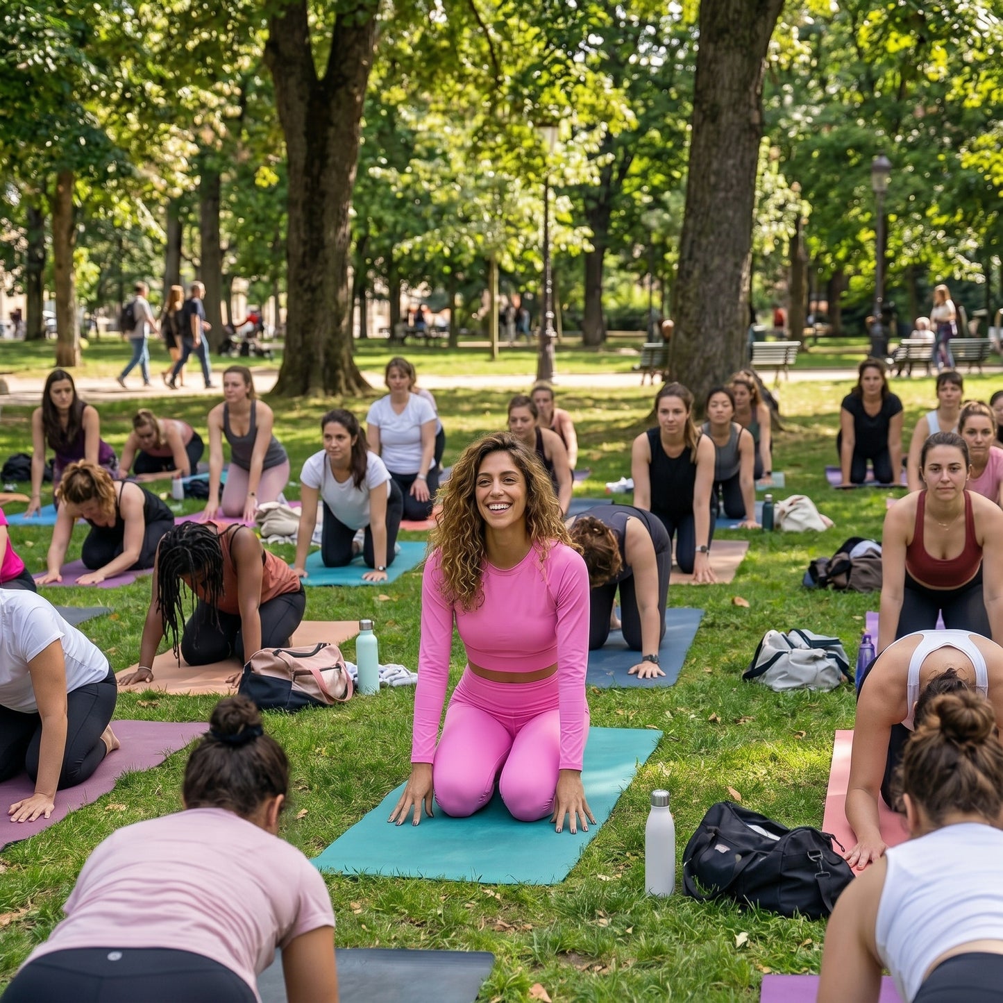 AMMOR PARIS bright pink recycled yoga leggings with a high‑waisted sculpting fit, shown on a model standing on a clean white background, emphasizing the smooth microfiber yarn, four‑way stretch performance fabric, raised waistband and sustainable minimal athleisure design ideal for yoga, training and everyday movement.