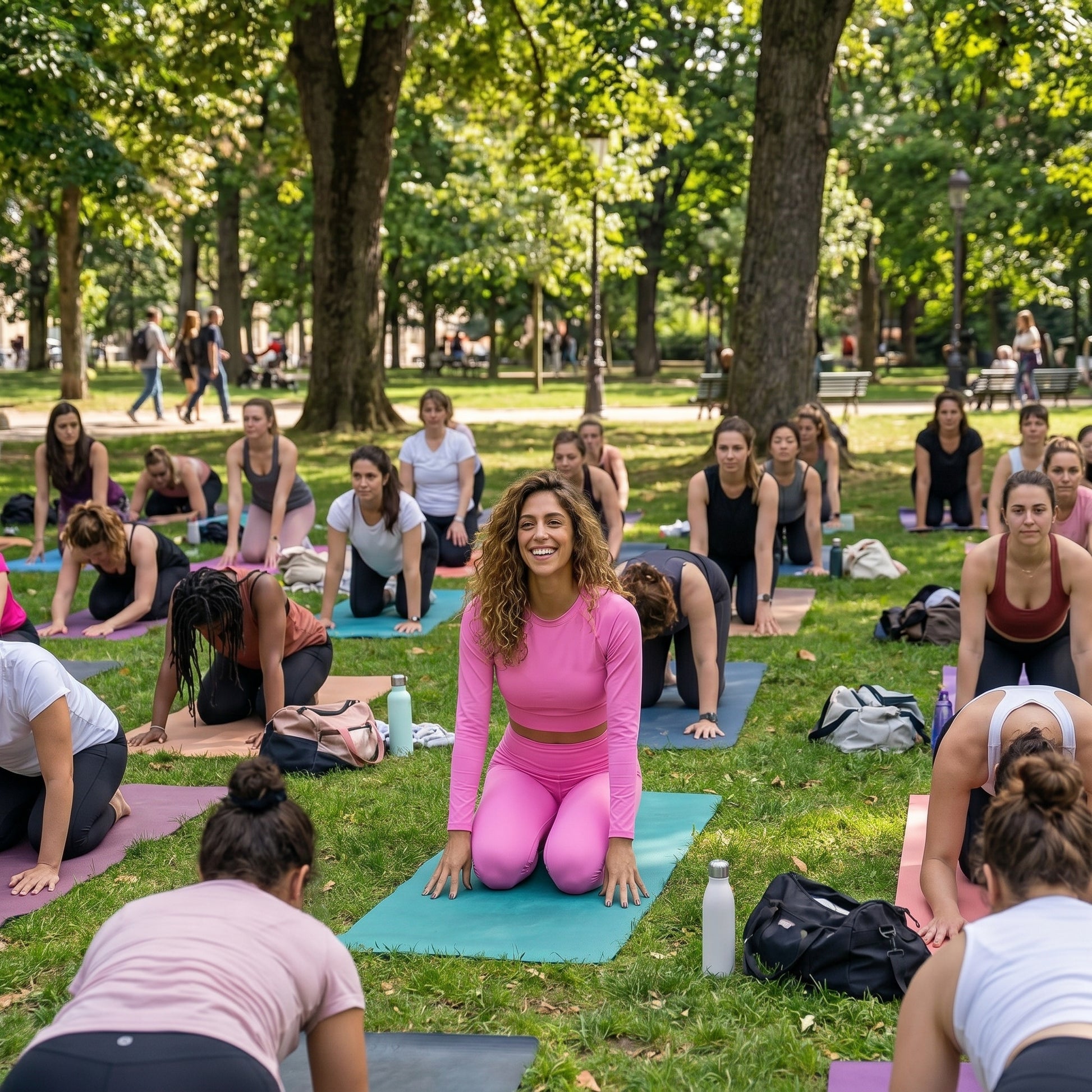 AMMOR PARIS bright pink recycled yoga leggings with a high‑waisted sculpting fit, shown on a model standing on a clean white background, emphasizing the smooth microfiber yarn, four‑way stretch performance fabric, raised waistband and sustainable minimal athleisure design ideal for yoga, training and everyday movement.