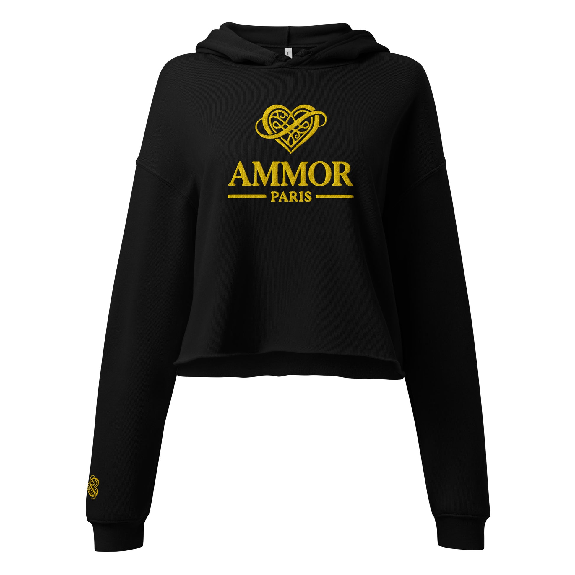AMMOR PARIS women’s black cropped hoodie with gold luxury designer logo, premium high‑end streetwear fashion hoodie modeled for urban minimalist lifestyle apparel, contemporary Paris‑inspired luxury clothing brand piece crafted for elevated modern wardrobe, premium designer streetwear, upscale fashion styling and refined everyday luxury wear