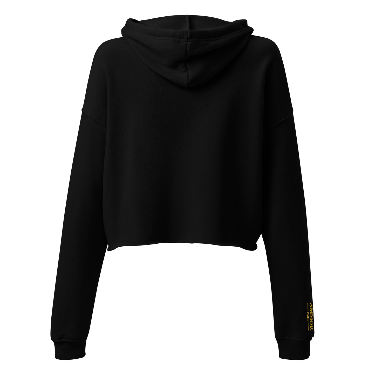 AMMOR PARIS women’s black cropped hoodie with gold luxury designer logo, premium high‑end streetwear fashion hoodie modeled for urban minimalist lifestyle apparel, contemporary Paris‑inspired luxury clothing brand piece crafted for elevated modern wardrobe and premium designer streetwear style