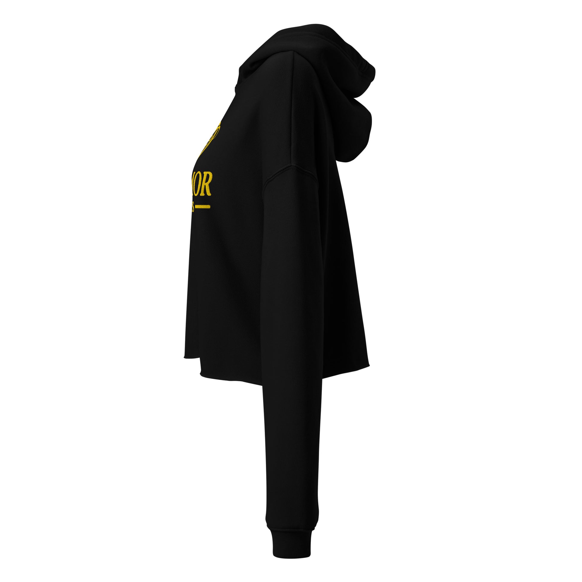 AMMOR PARIS women’s black cropped hoodie with gold luxury designer logo, premium high‑end streetwear fashion hoodie modeled for urban minimalist lifestyle apparel, contemporary Paris‑inspired luxury clothing brand piece crafted for elevated modern wardrobe, refined designer streetwear, upscale fashion styling and premium everyday luxury wear
