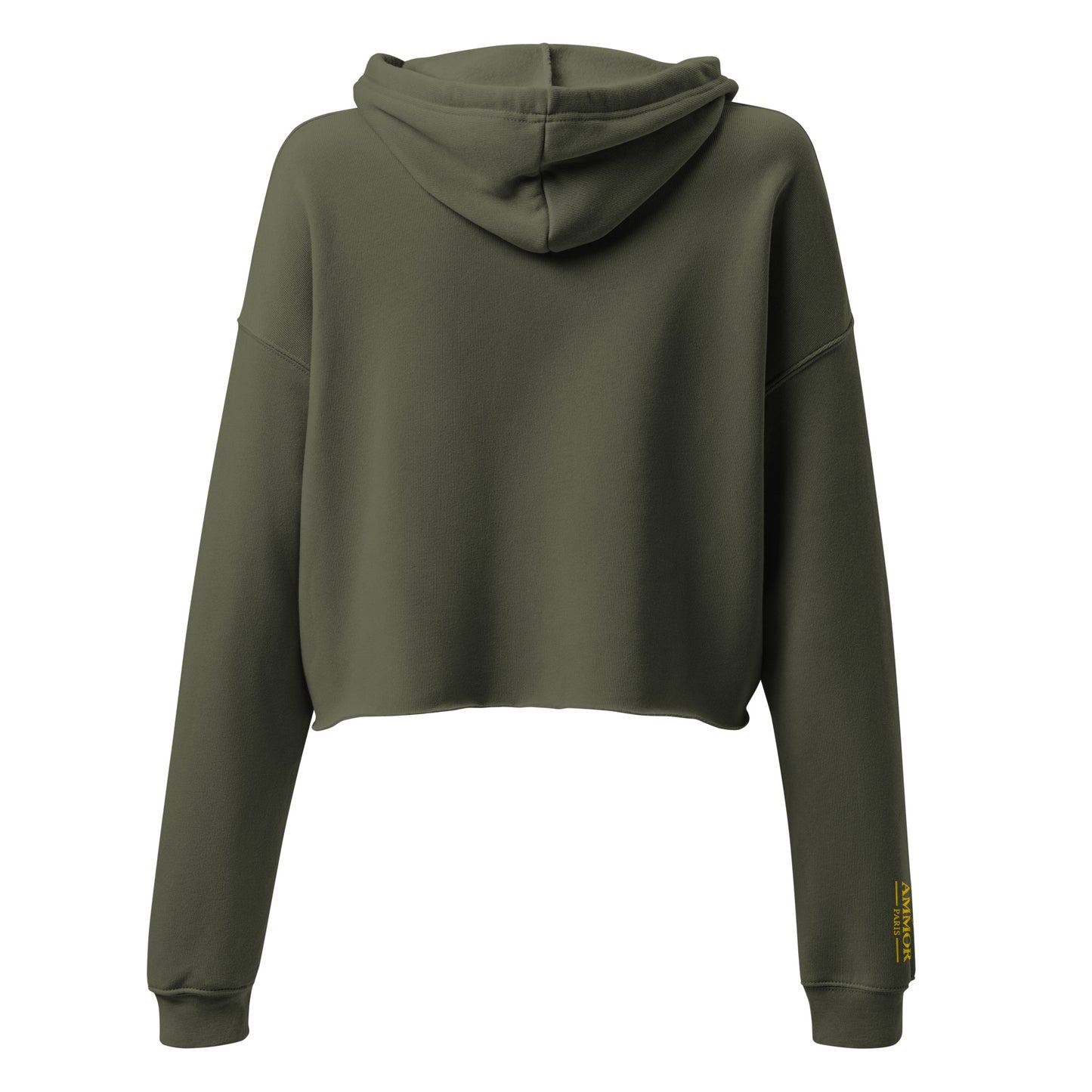 AMMOR PARIS women’s black cropped hoodie with gold luxury designer logo, premium high‑end streetwear fashion hoodie modeled for urban minimalist lifestyle apparel, contemporary Paris‑inspired luxury clothing brand piece crafted for elevated modern wardrobe, premium designer streetwear and upscale fashion styling