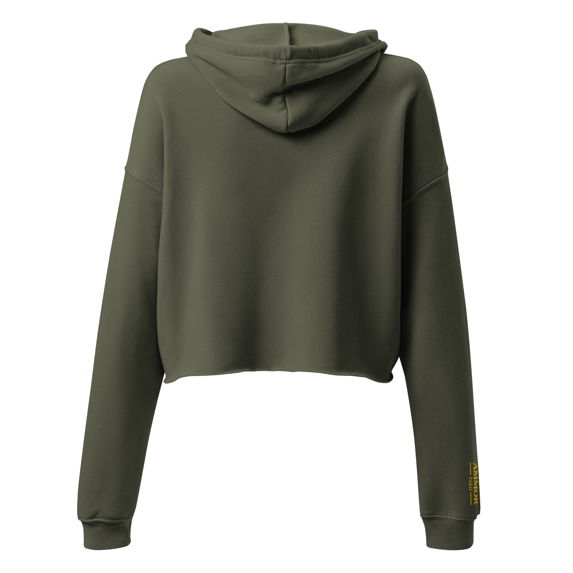 AMMOR PARIS women’s black cropped hoodie with gold luxury designer logo, premium high‑end streetwear fashion hoodie modeled for urban minimalist lifestyle apparel, contemporary Paris‑inspired luxury clothing brand piece crafted for elevated modern wardrobe, premium designer streetwear and upscale fashion styling