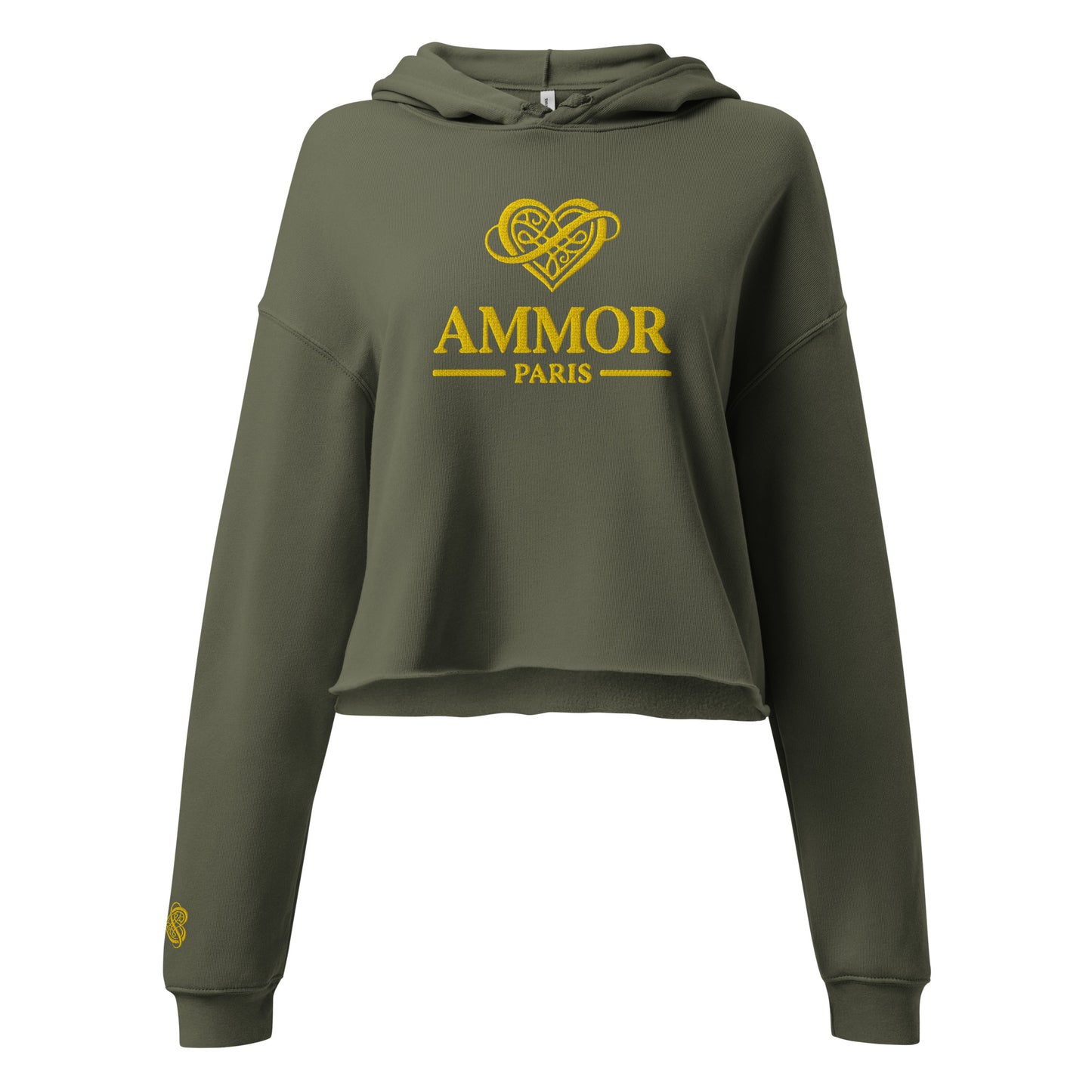 AMMOR PARIS women’s black cropped hoodie with gold luxury designer logo, premium high‑end streetwear fashion hoodie modeled for urban minimalist lifestyle apparel, contemporary Paris‑inspired luxury clothing brand piece crafted for elevated modern wardrobe and premium designer streetwear style