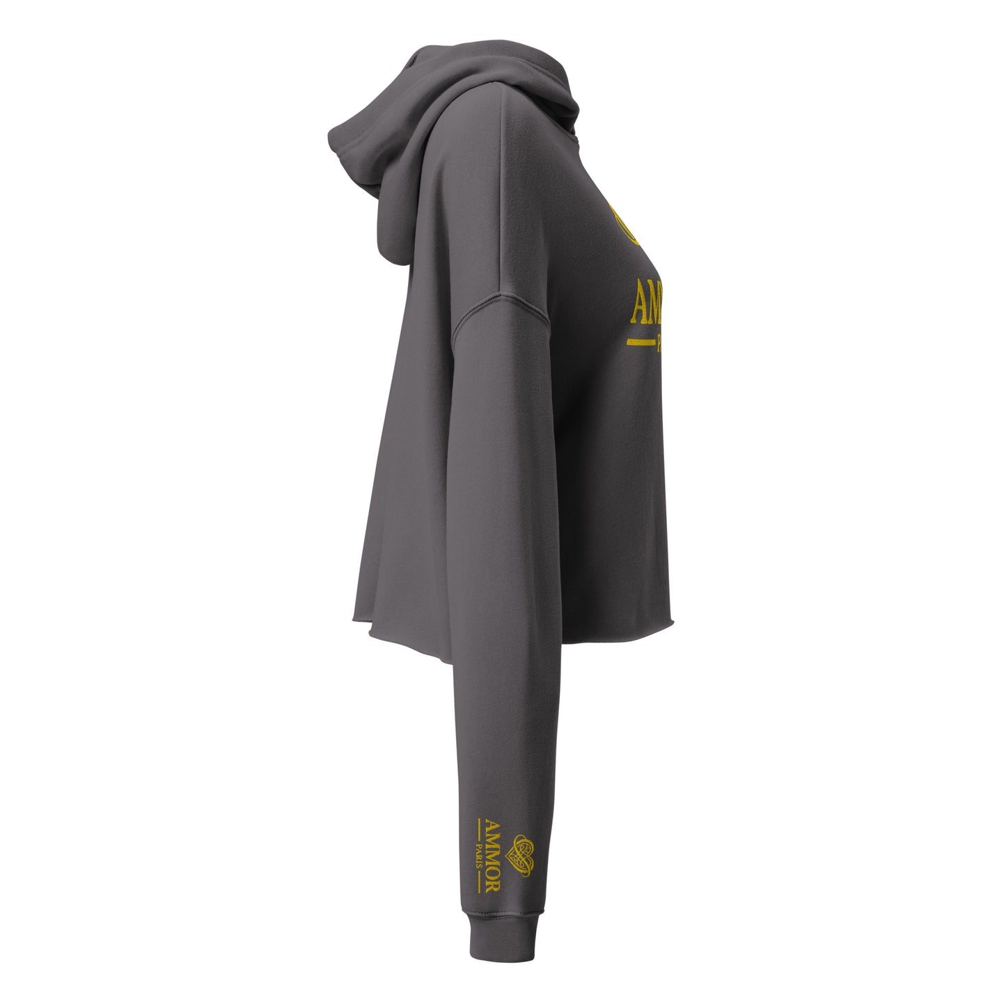 AMMOR PARIS women’s black cropped hoodie with gold luxury designer logo, premium high‑end streetwear fashion hoodie modeled for urban minimalist lifestyle apparel, contemporary Paris‑inspired luxury clothing brand piece crafted for elevated modern wardrobe and premium designer streetwear style