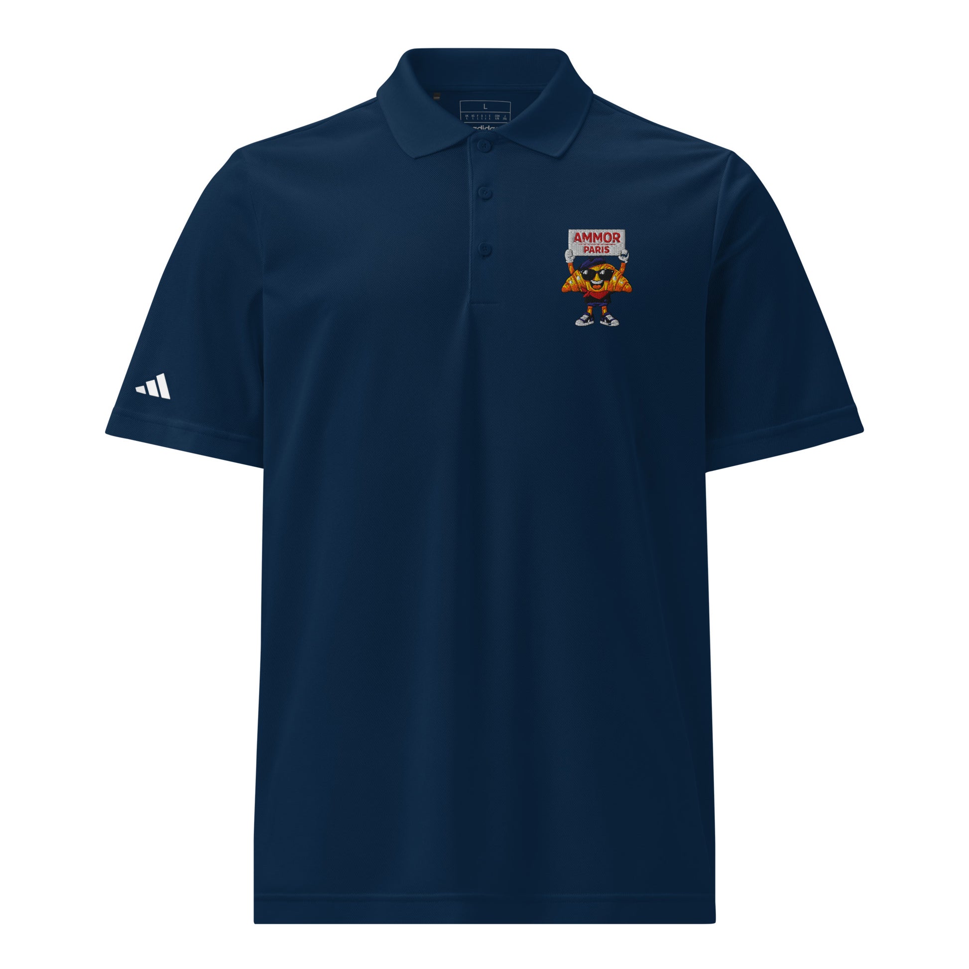 Adidas performance polo shirt with AMMOR PARIS custom embroidery on the chest, showcasing the hydrophilic fabric texture, modern silhouette, and refined fashion‑forward detailing.