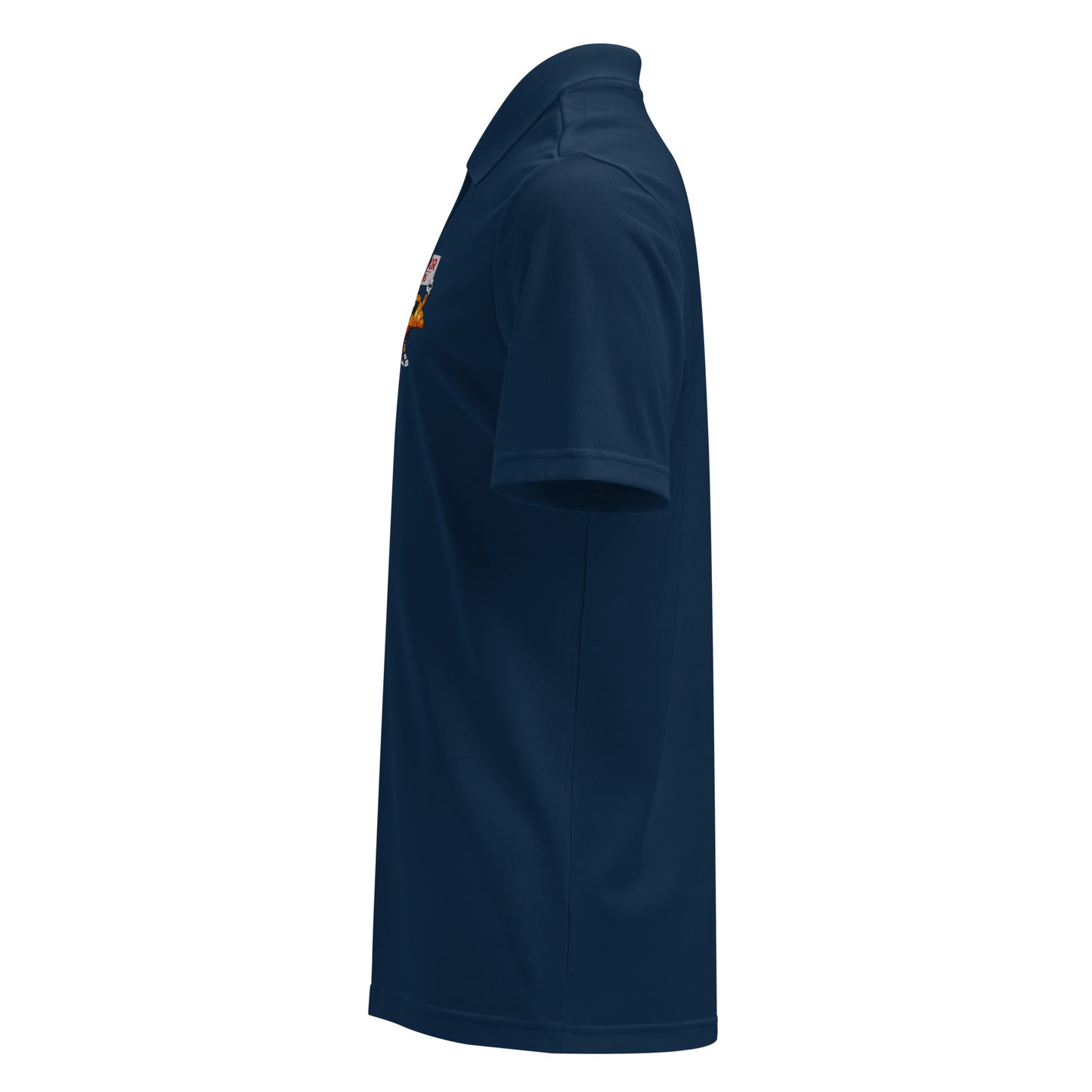 Adidas polo shirt in navy with AMMOR PARIS custom chest embroidery, photographed to emphasize the modern silhouette, hydrophilic performance fabric, and luxury streetwear identity.