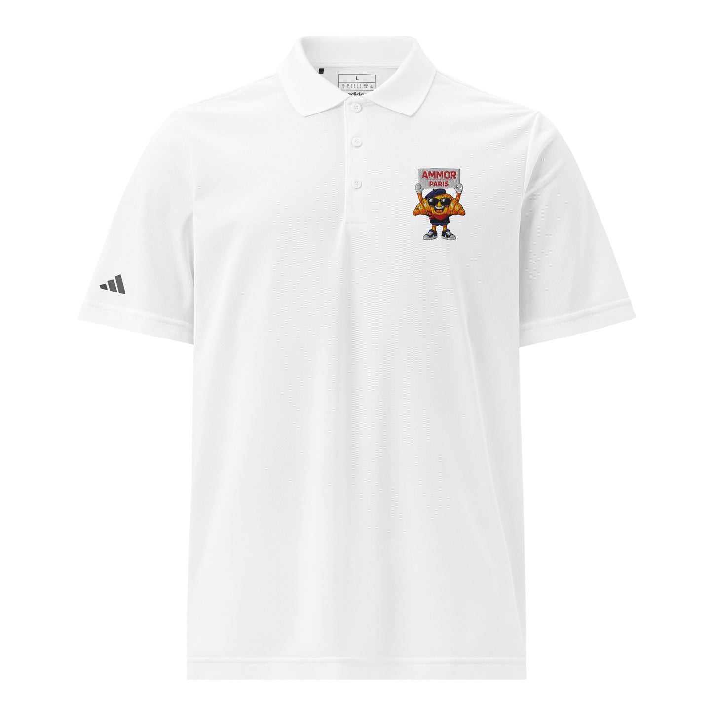 Custom AMMOR PARIS embroidered design on an adidas athletic polo, showing the contrast between the performance fabric and the refined Parisian streetwear aesthetic.
