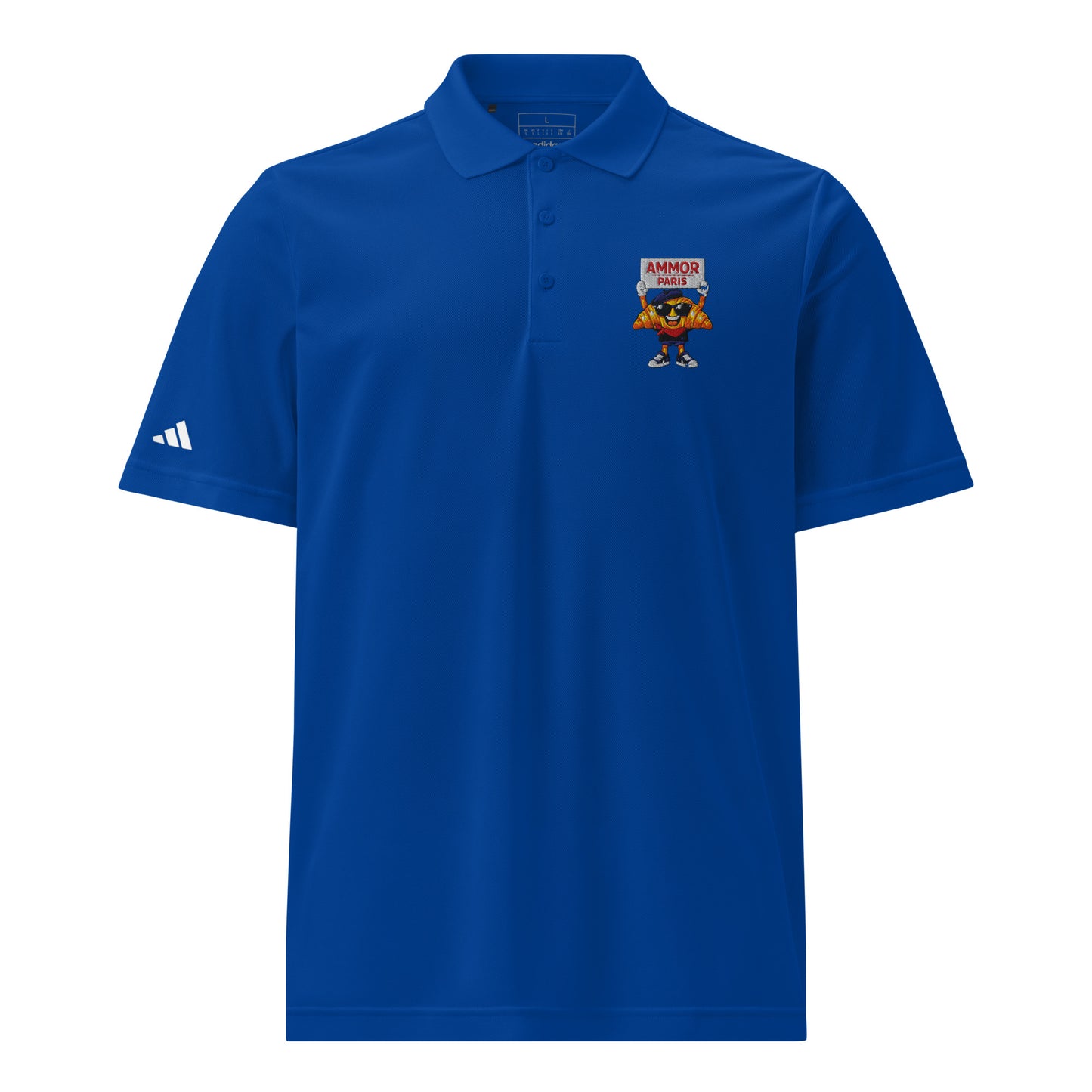 Detailed shot of the AMMOR PARIS logo stitched onto a dark blue adidas polo, highlighting the precision embroidery, premium material quality, and contemporary Paris streetwear style.