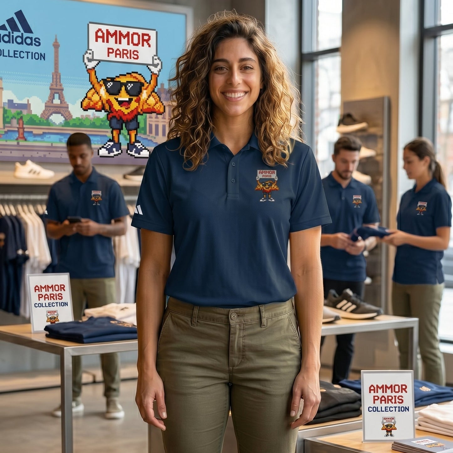 Navy adidas performance polo featuring a custom AMMOR PARIS embroidered design on the chest, showcasing a clean street‑lux aesthetic with premium piqué fabric and a modern athletic silhouette.