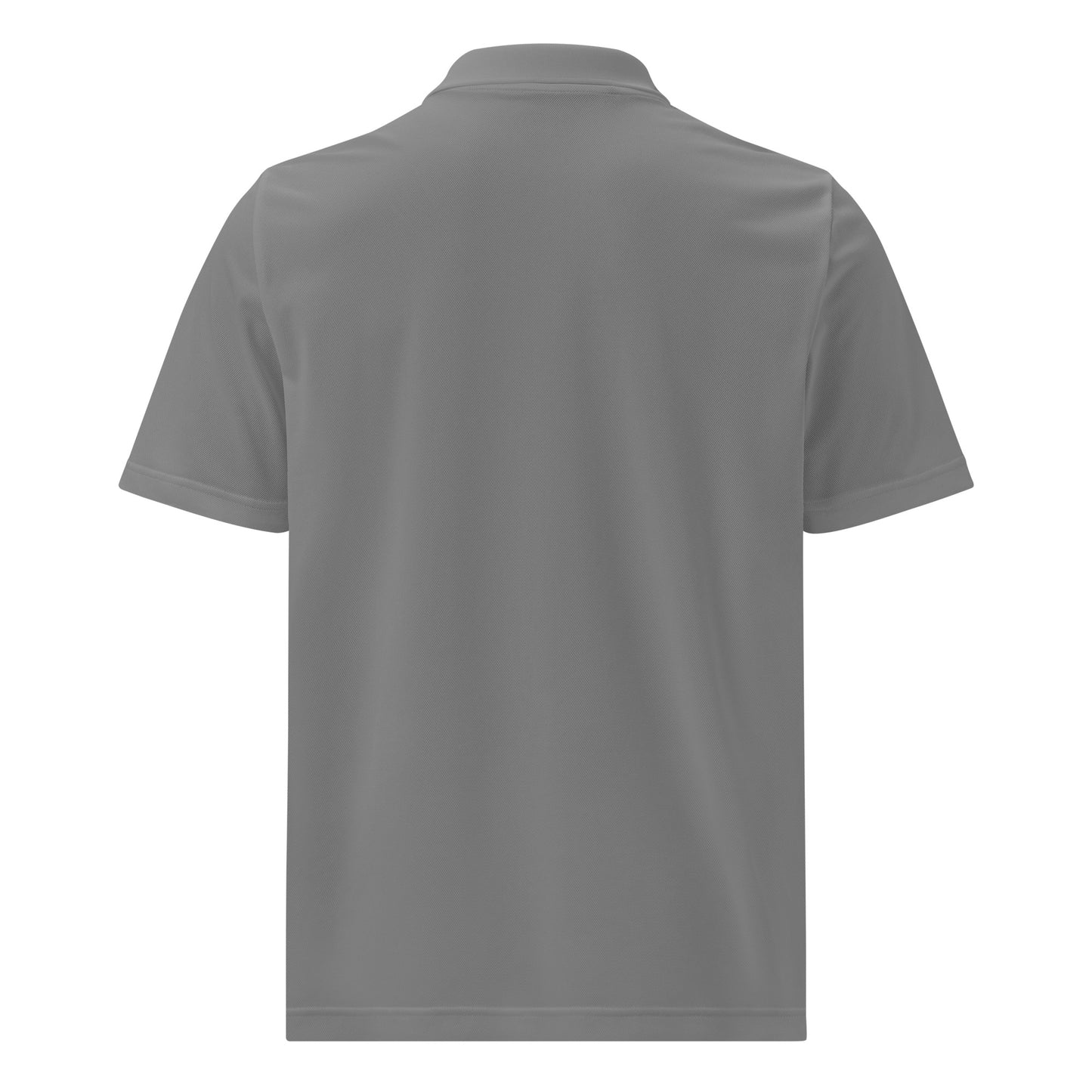 Side‑angle view of a dark blue adidas polo featuring AMMOR PARIS embroidered artwork, highlighting the structured collar, athletic fit, and premium minimalist branding.