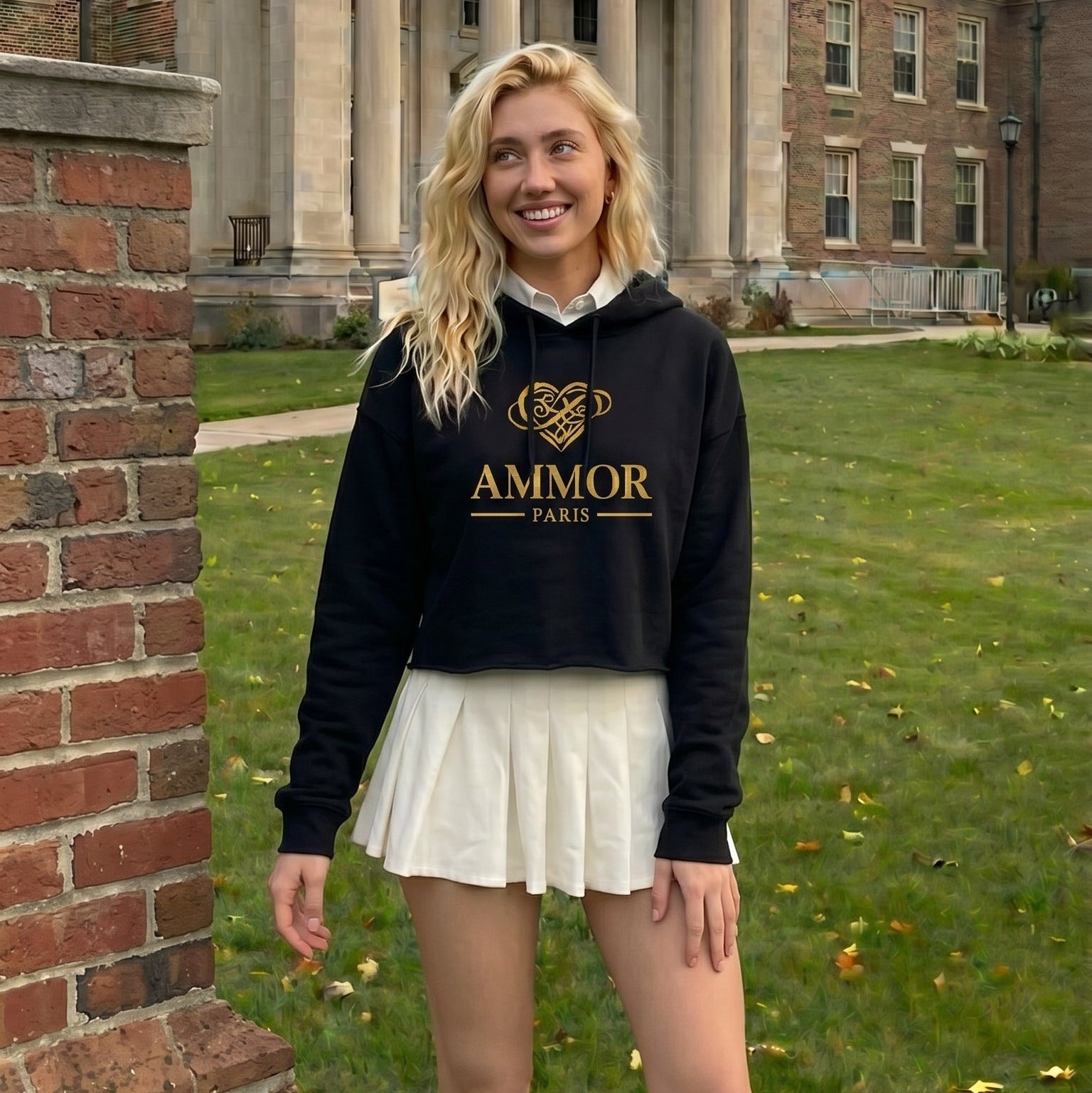 Woman wearing a black AMMOR PARIS cropped hoodie with gold logo, styled with streetwear fashion.