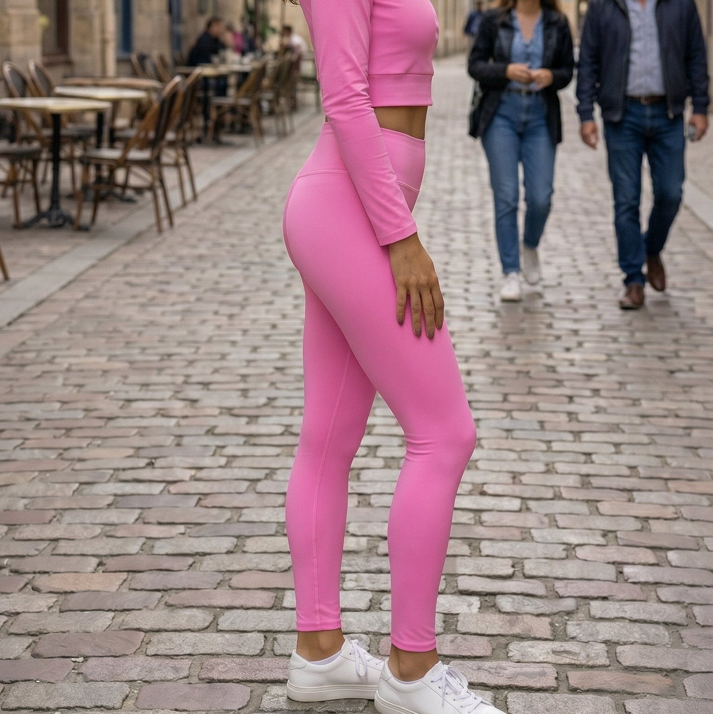 AMMOR PARIS bright pink recycled yoga leggings with a high‑waisted sculpting fit, worn by a model standing on a clean white background, showcasing the smooth microfiber yarn, four‑way stretch recycled performance fabric, raised supportive waistband and minimal sustainable athleisure silhouette; designed for yoga practice, pilates sessions, stretching routines, gym workouts, fitness training, active daily wear and eco‑conscious modern fashion, emphasizing comfort, flexibility, body‑contouring support, premiu