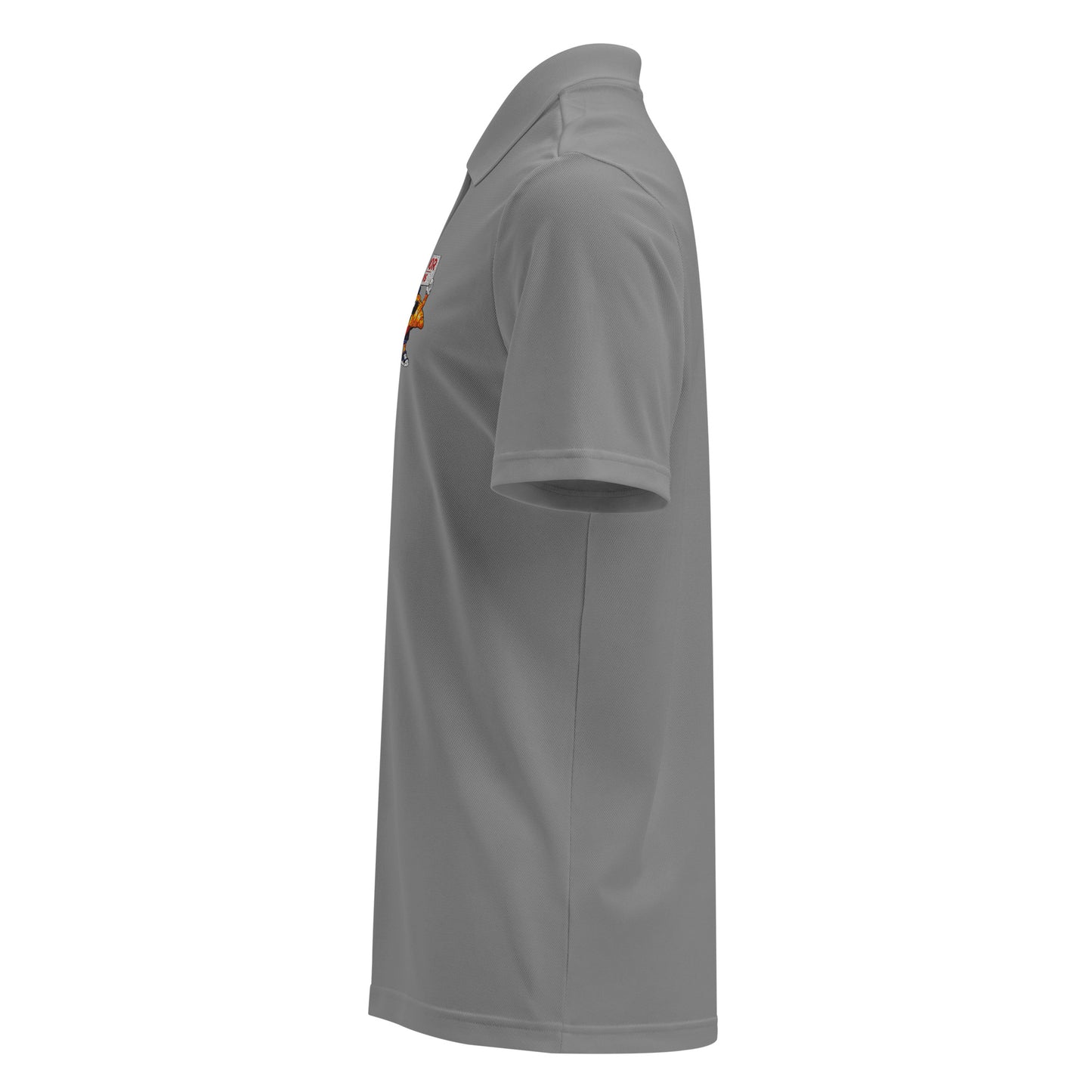 Unisex grey performance polo shirt by AMMOR PARIS, left side view.