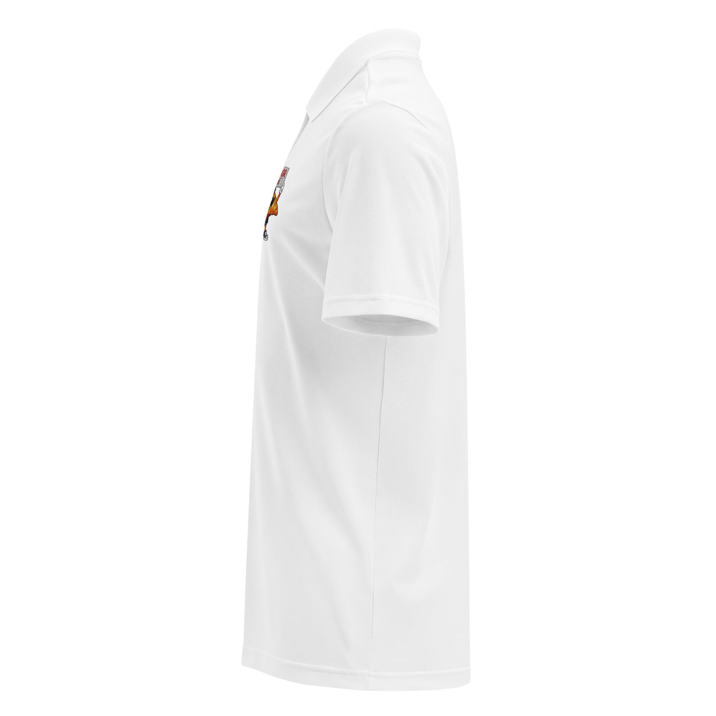 Unisex white performance polo shirt by AMMOR PARIS, left side view.