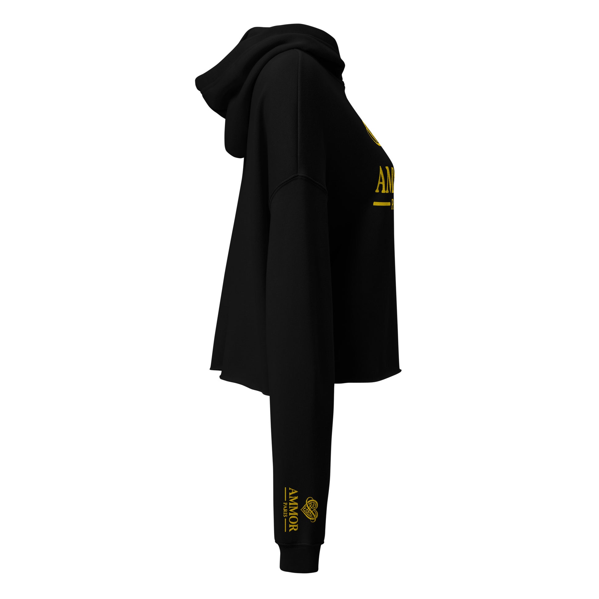 AMMOR PARIS women’s black cropped hoodie with gold luxury designer logo, premium high‑end streetwear fashion hoodie modeled for urban minimalist lifestyle apparel, contemporary Paris‑inspired luxury clothing brand piece crafted for elevated modern wardrobe, refined designer streetwear, upscale fashion styling and premium everyday luxury wear.