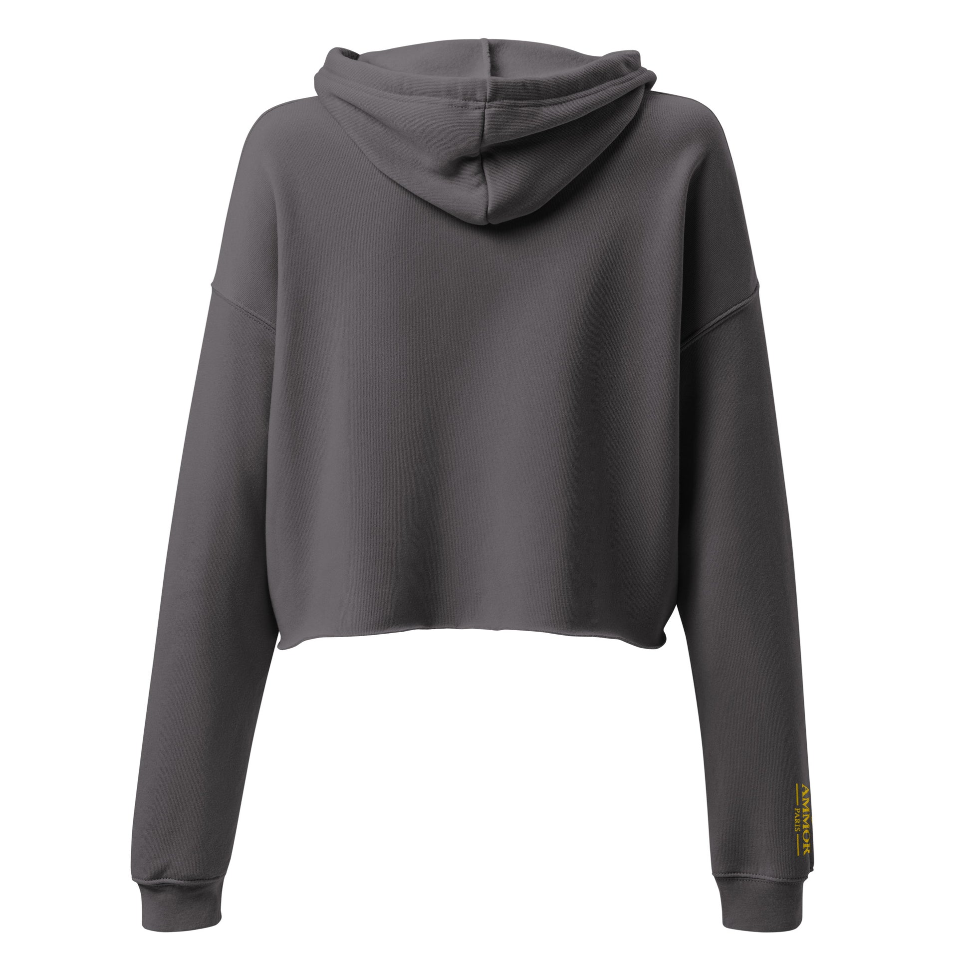 AMMOR PARIS women’s black cropped hoodie with gold luxury designer logo, premium high‑end streetwear fashion hoodie modeled for urban minimalist lifestyle apparel, contemporary Paris‑inspired luxury clothing brand piece crafted for elevated modern wardrobe, premium designer streetwear and upscale fashion styling