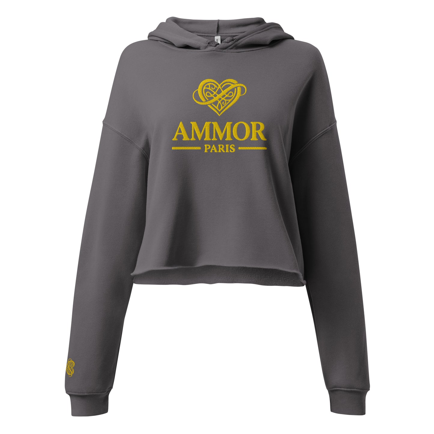 AMMOR PARIS women’s black cropped hoodie with gold luxury designer logo, premium high‑end streetwear fashion hoodie modeled for urban minimalist lifestyle apparel, contemporary Paris‑inspired luxury clothing brand piece crafted for elevated modern wardrobe and premium designer streetwear style