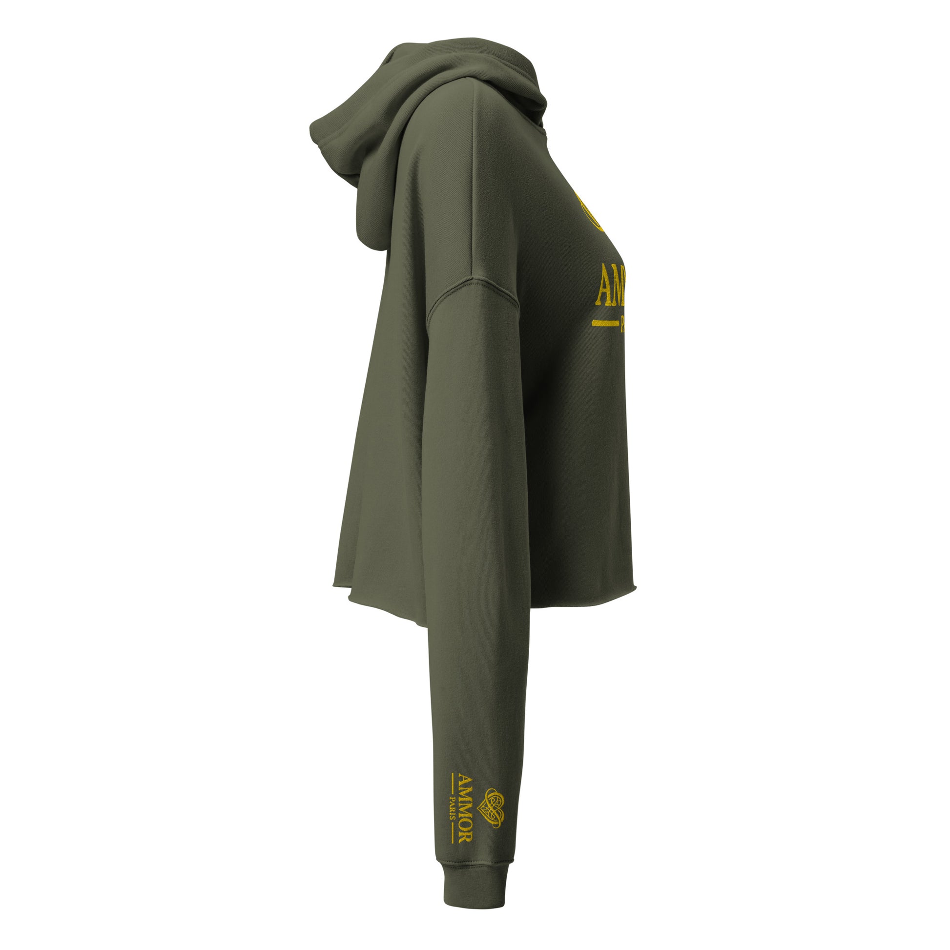 AMMOR PARIS women’s black cropped hoodie with gold luxury designer logo, premium high‑end streetwear fashion hoodie modeled for urban minimalist lifestyle apparel, contemporary Paris‑inspired luxury clothing brand piece crafted for elevated modern wardrobe, refined designer streetwear, upscale fashion styling and premium everyday luxury wear.